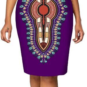 Women's African Tribal Print Pleated Dress Patchwork Wear to Work Bodycon